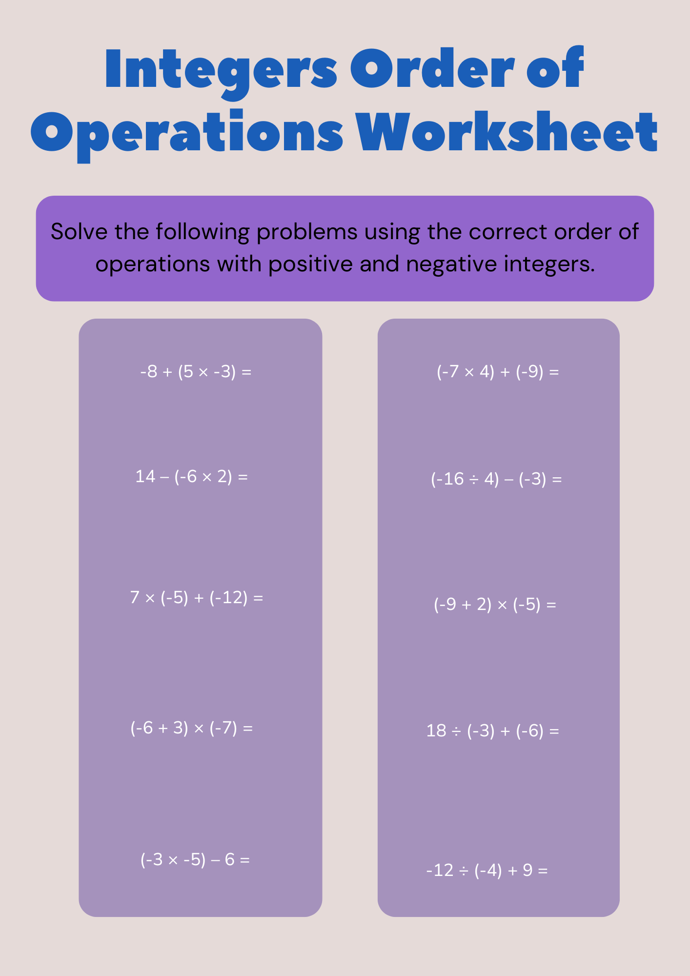 Integers Order of Operations Worksheet