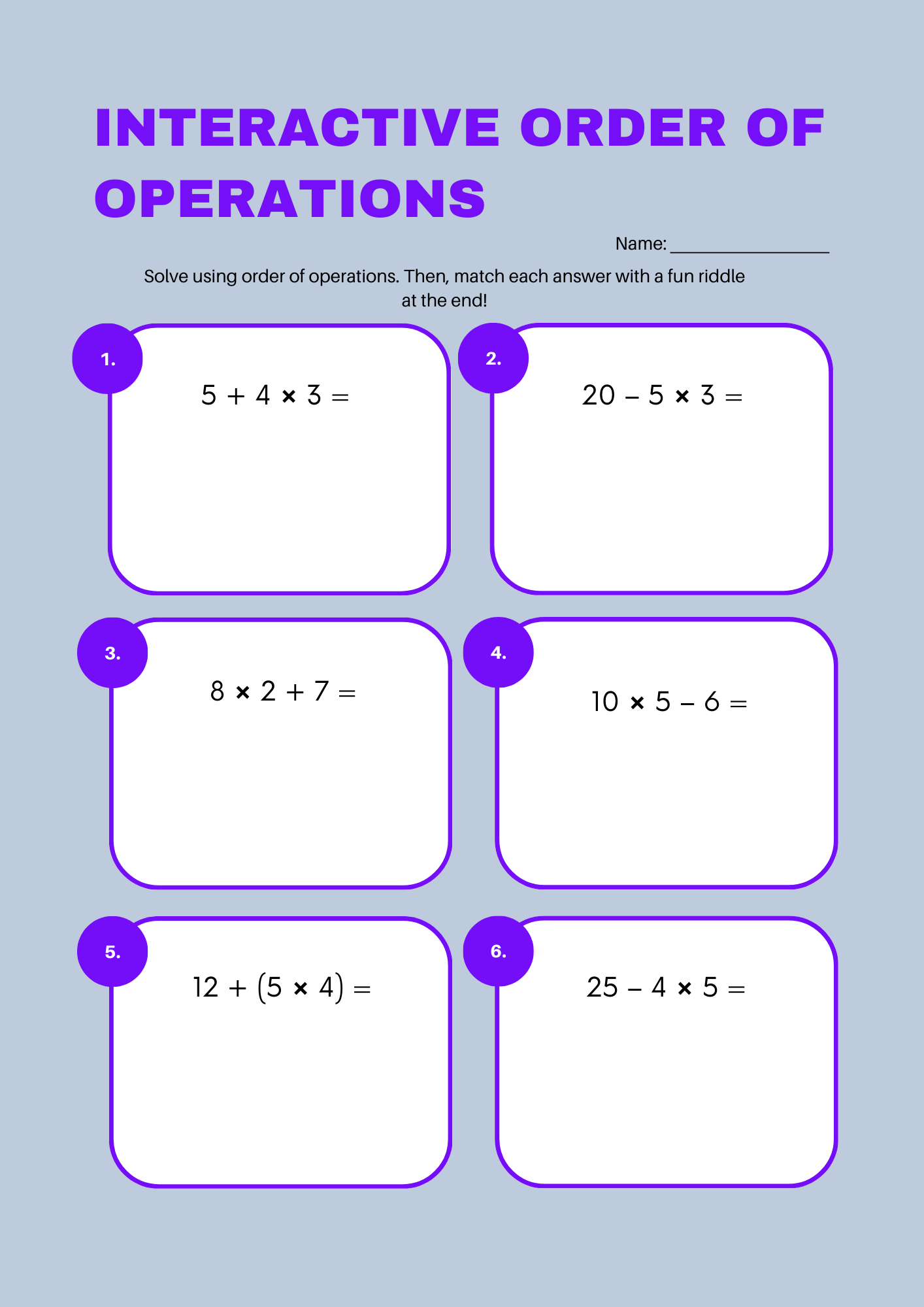 Interactive Order of Operations Worksheet