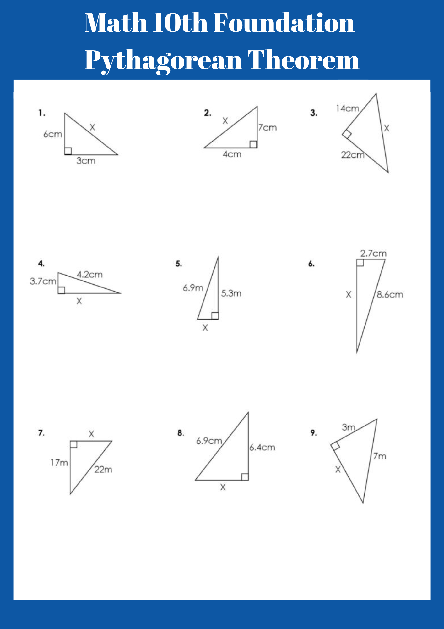 Math 10th Foundation Pythagorean Theorem Assignment Worksheet