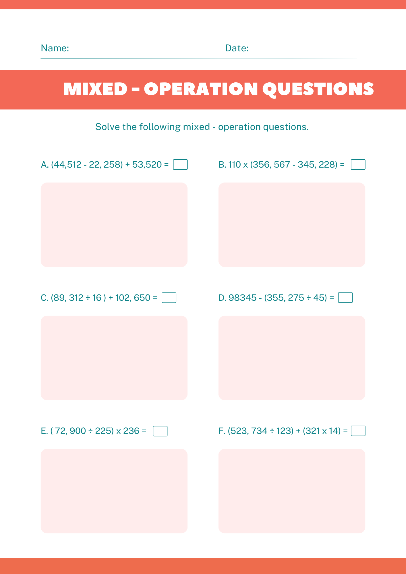 Mixed Oder of Operations Worksheet