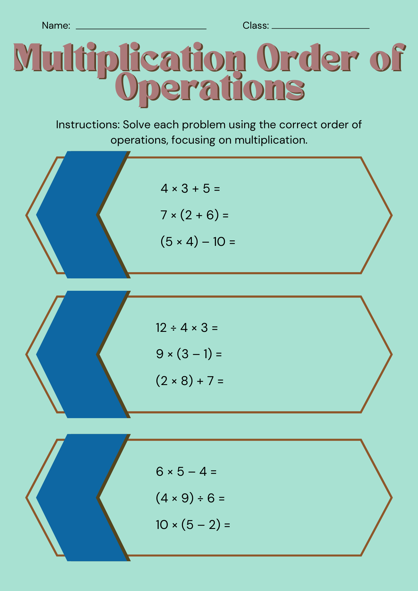 Multiplication Order of Operations Worksheet