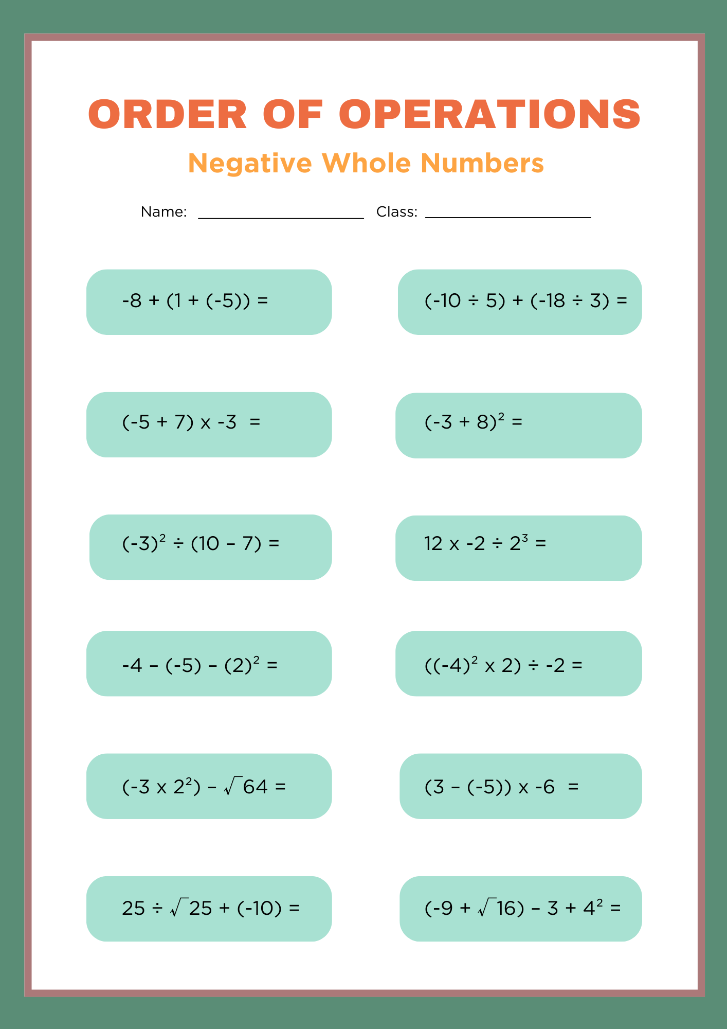 Negative Whole Numbers Order of Operations Worksheet 