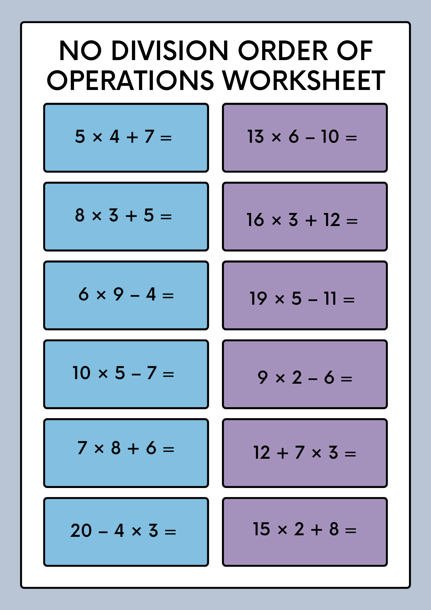 No Division Order of Operations Worksheet