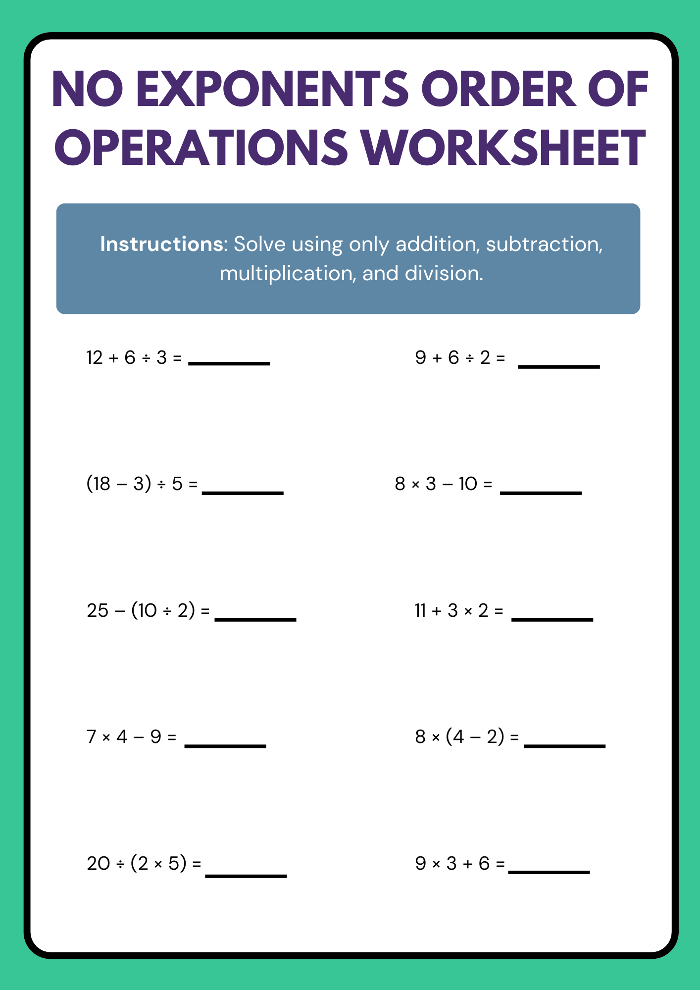 No Exponents Order of Operations Worksheet