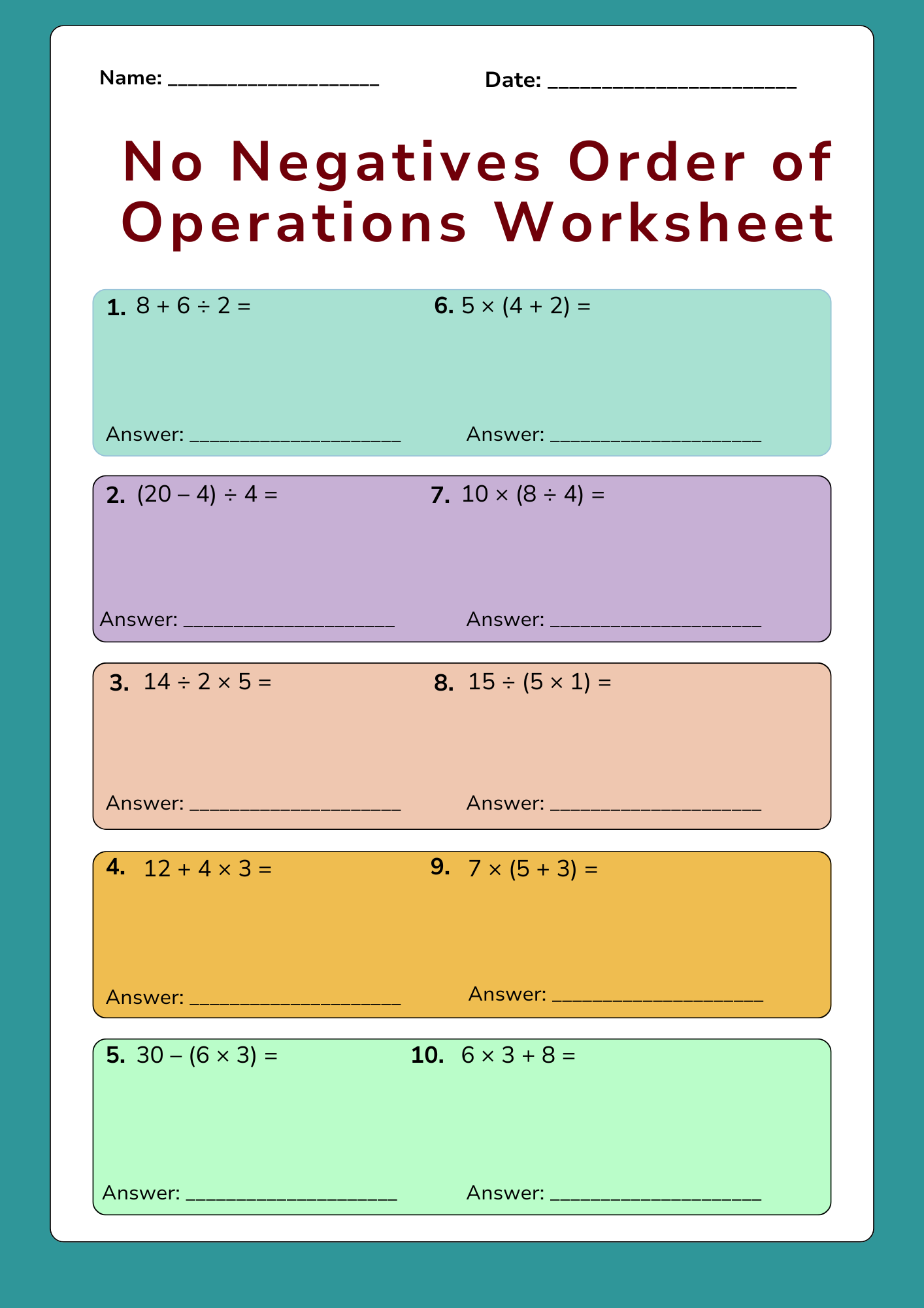 No Negatives Order of Operations Worksheet