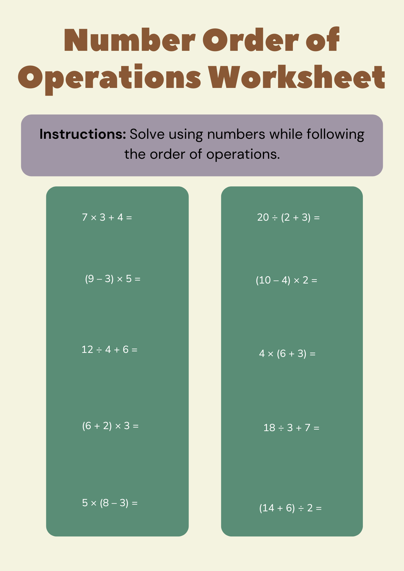 Number Order of Operations Worksheet