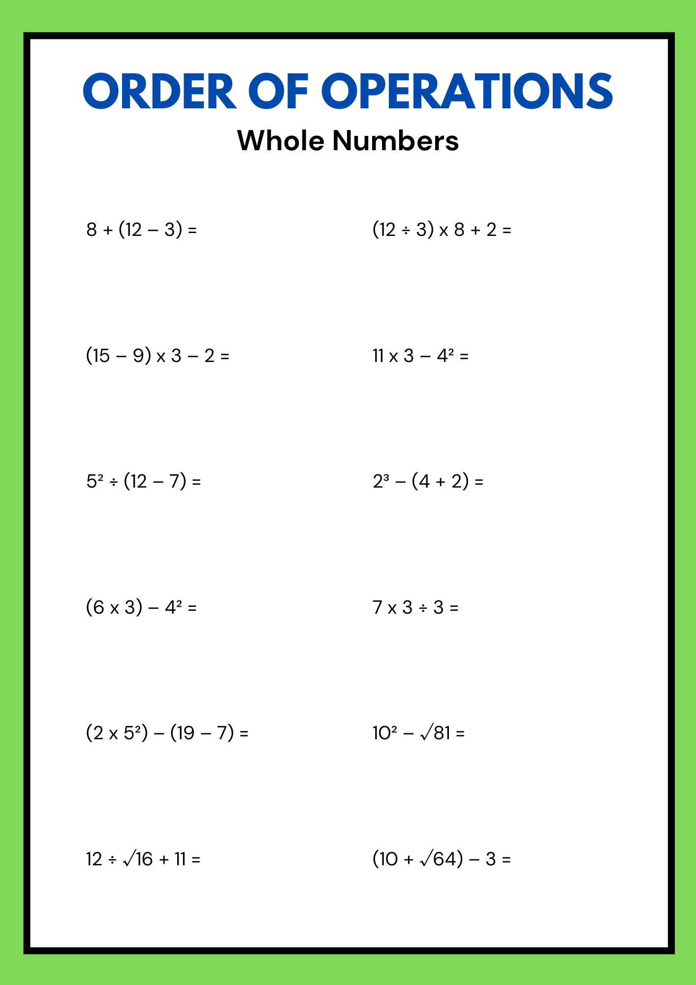 Oder of Operations Worksheet Whole Numbers