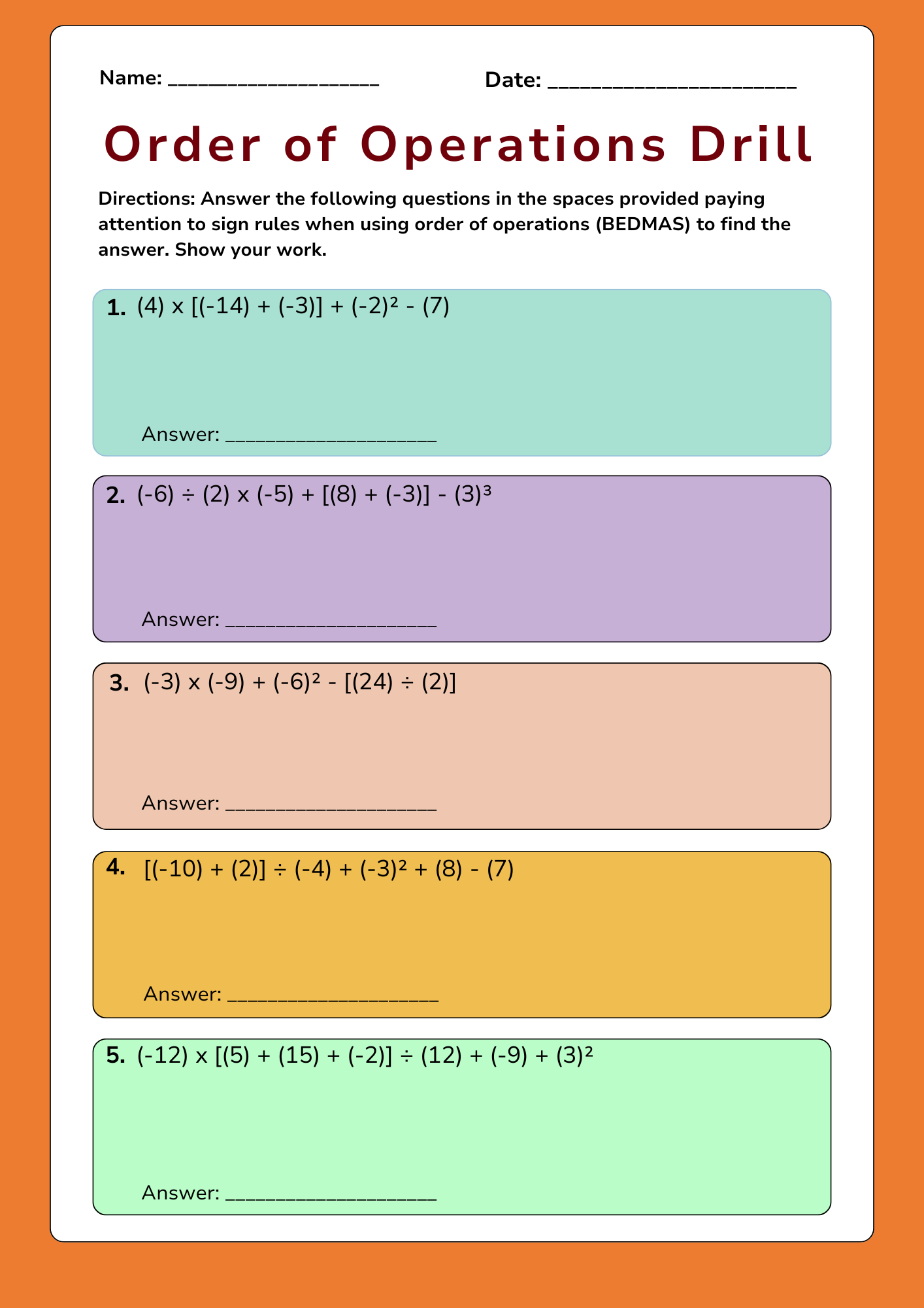 Order of Operations Drill Worksheet