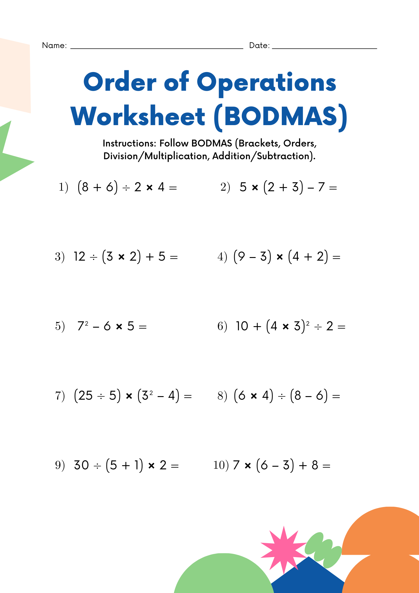 Order of Operations Worksheet BODMAS