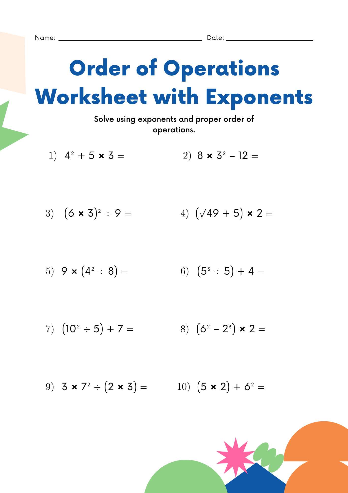 Order of Operations Worksheet with Exponents