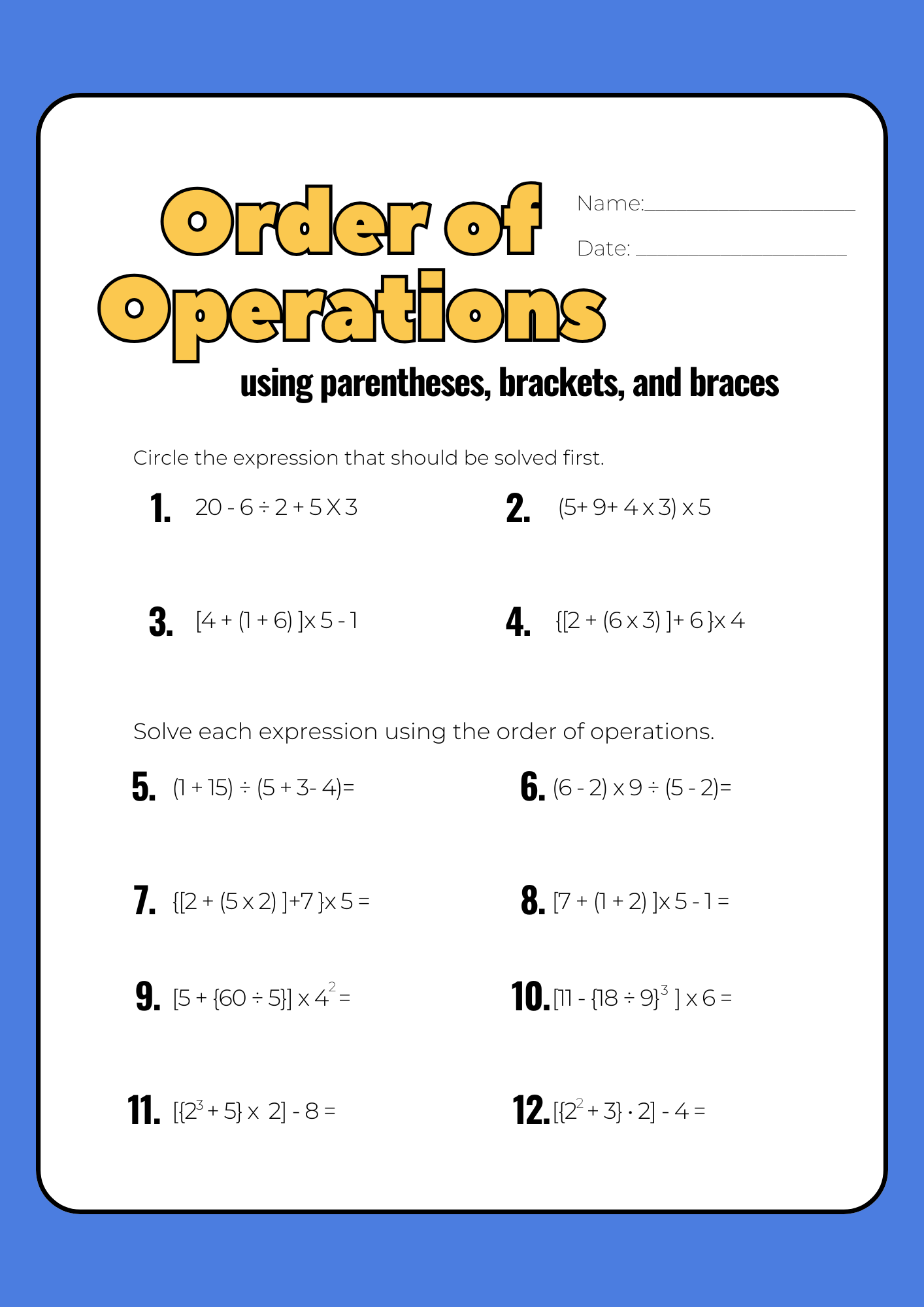 Parentheses Order of Operations Worksheet