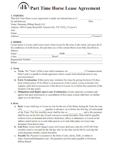 Part Time Horse Lease Agreement