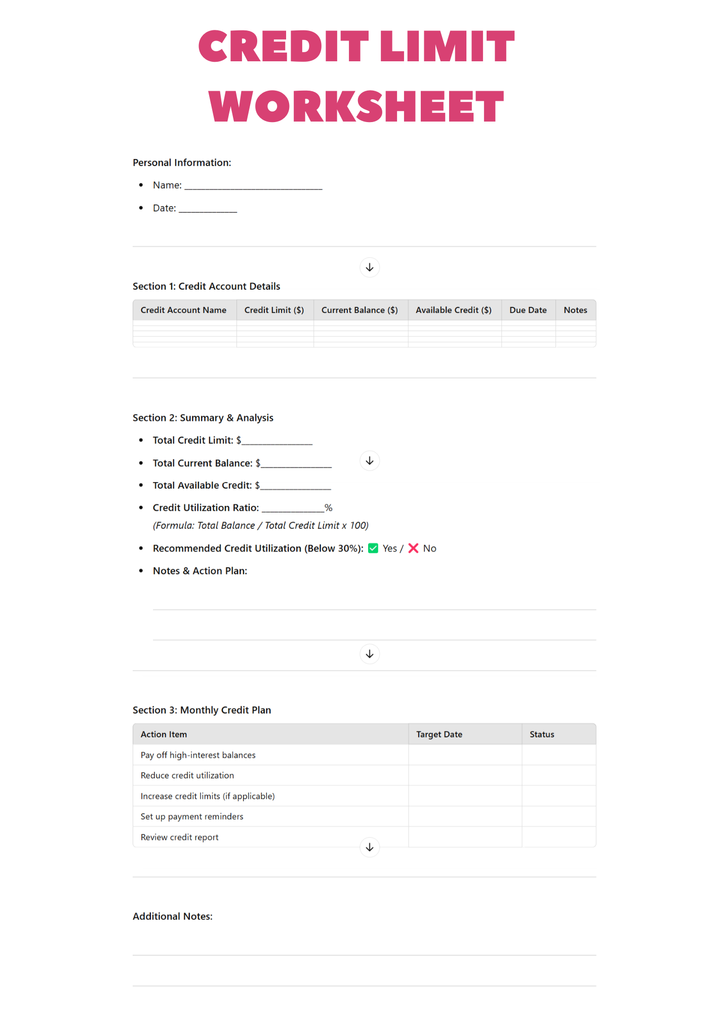 Printable Credit Limit Worksheet