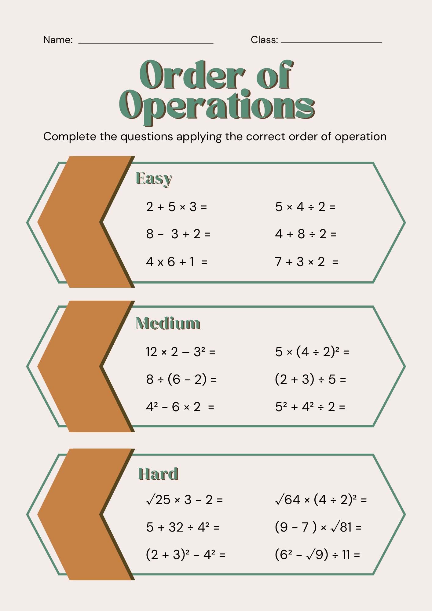 Printable Order of Operations Worksheet