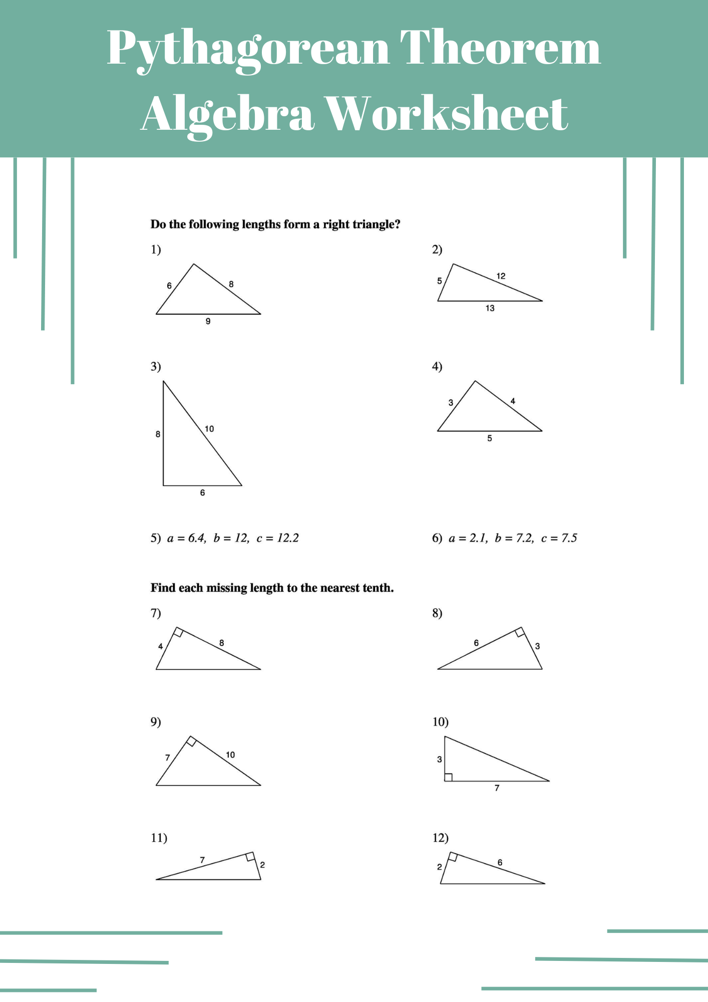 Pythagorean Theorem Algebra Worksheet