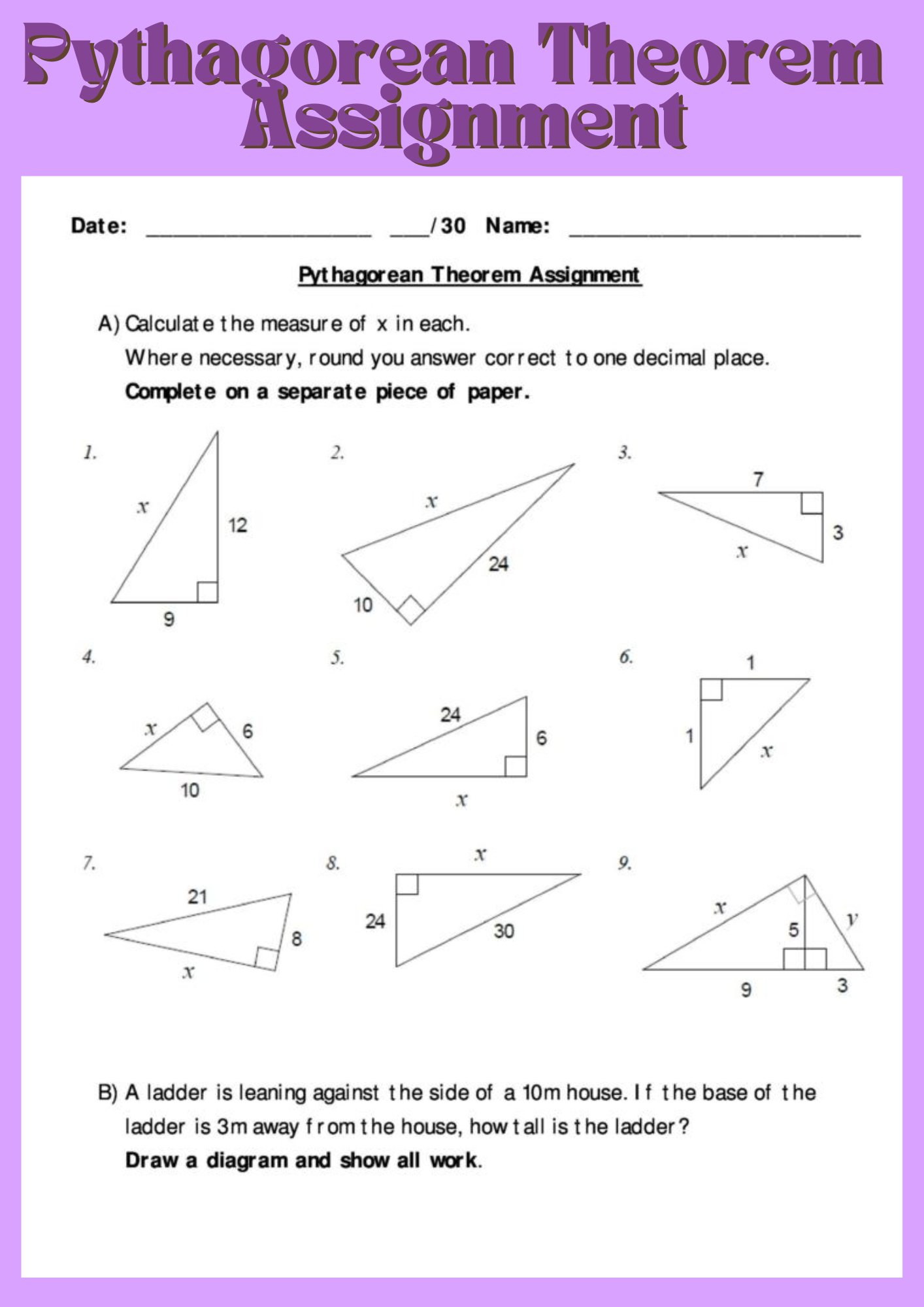 Pythagorean Theorem Assignment Worksheet