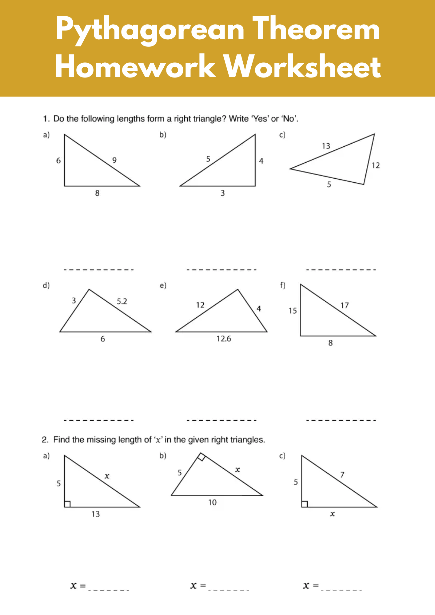 Pythagorean Theorem Homework Worksheet 1