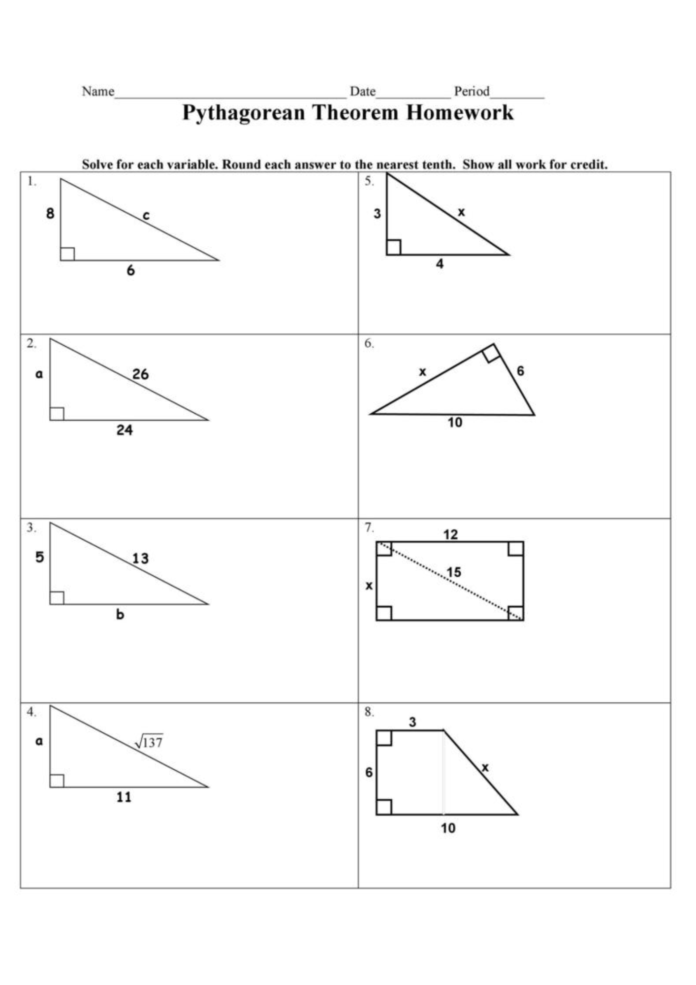 Pythagorean Theorem Homework Worksheet