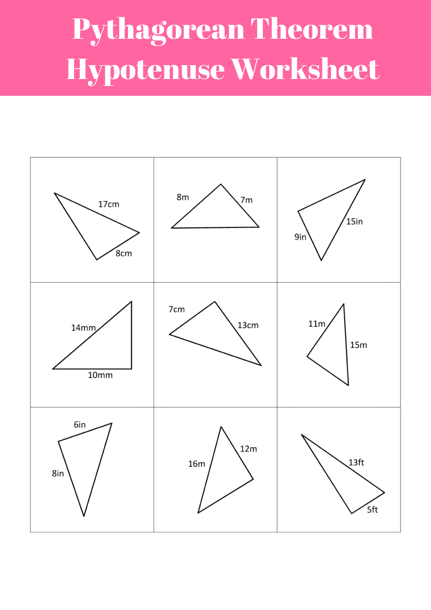 Pythagorean Theorem Hypotenuse Worksheet