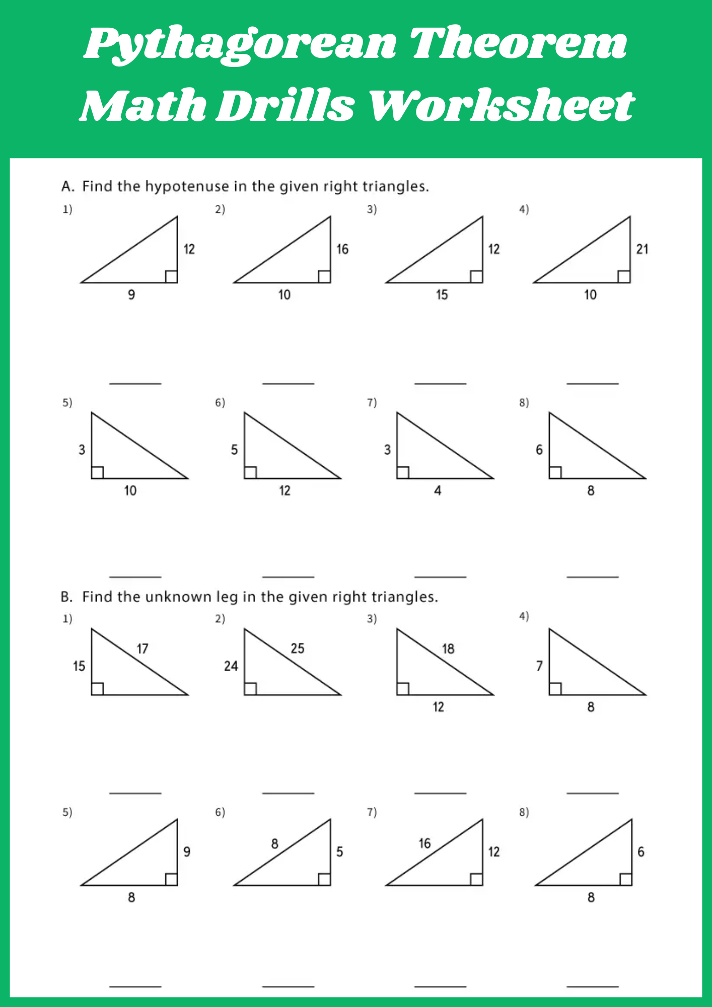 Pythagorean Theorem Math Drills Worksheet