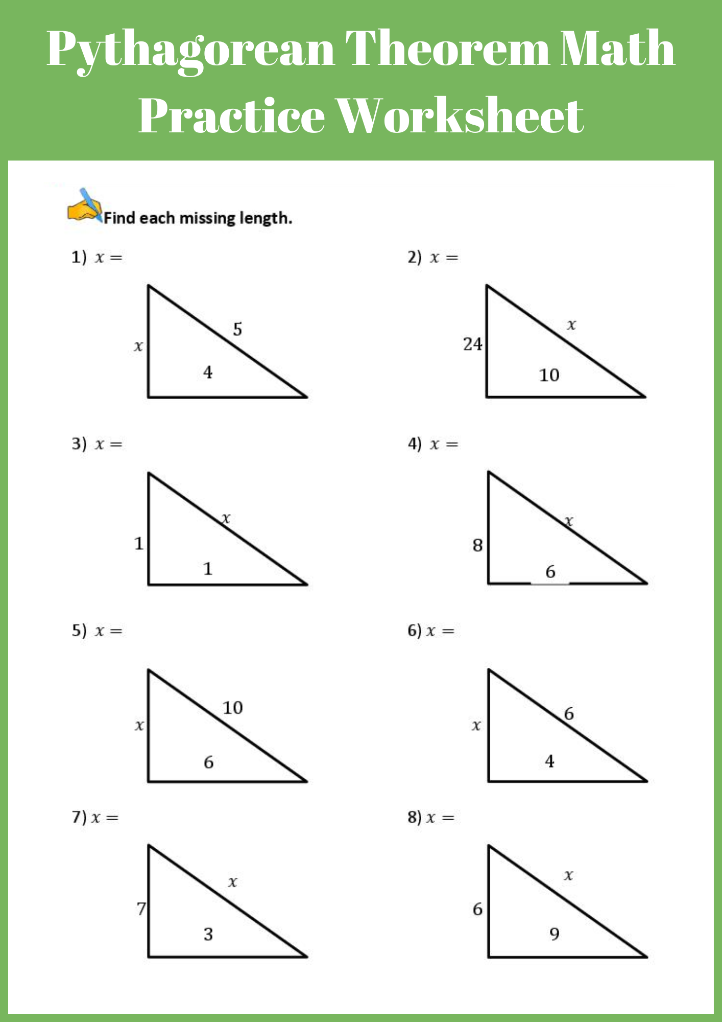 Pythagorean Theorem Math Practice Worksheet