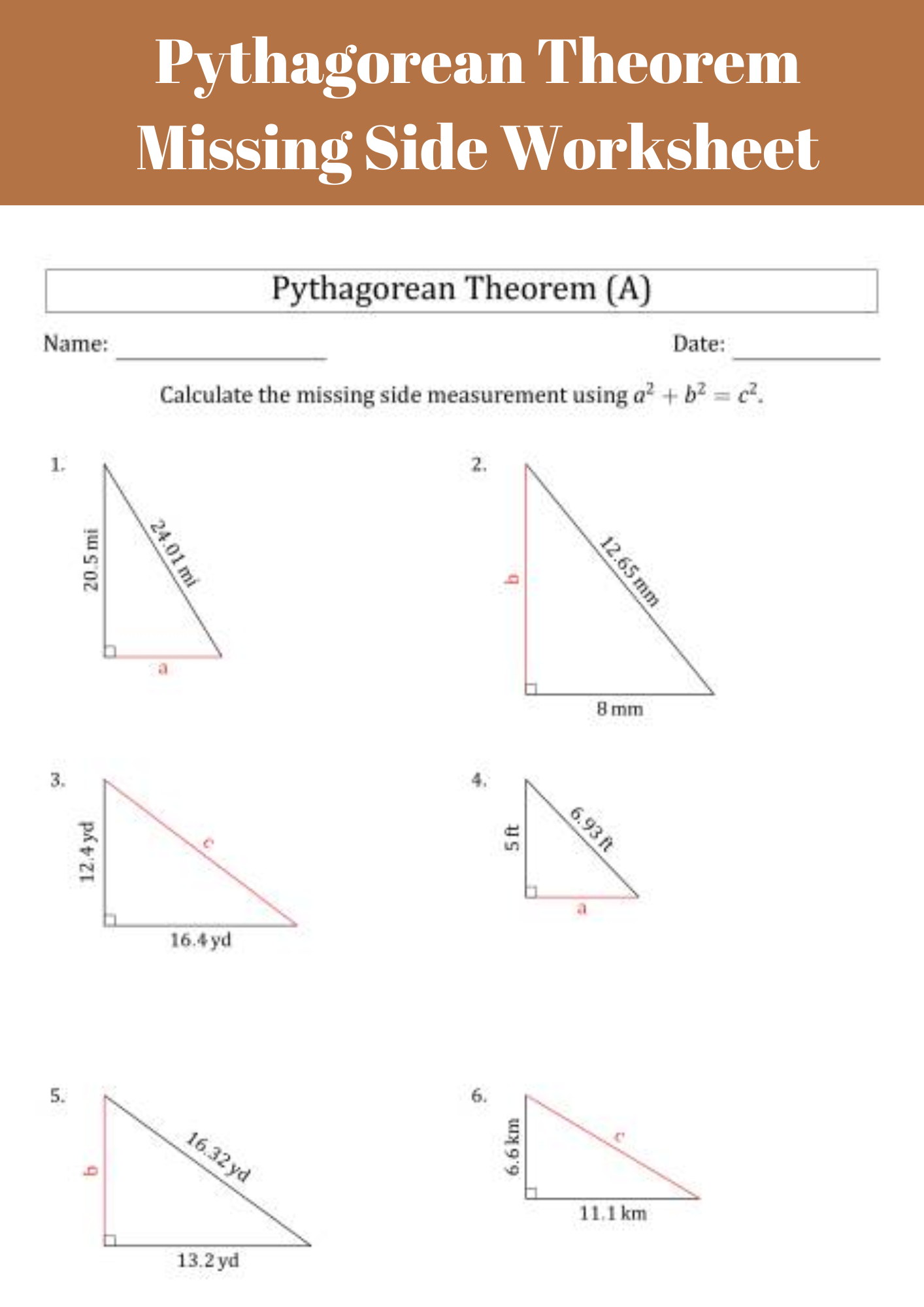 Pythagorean Theorem Missing Side Worksheet