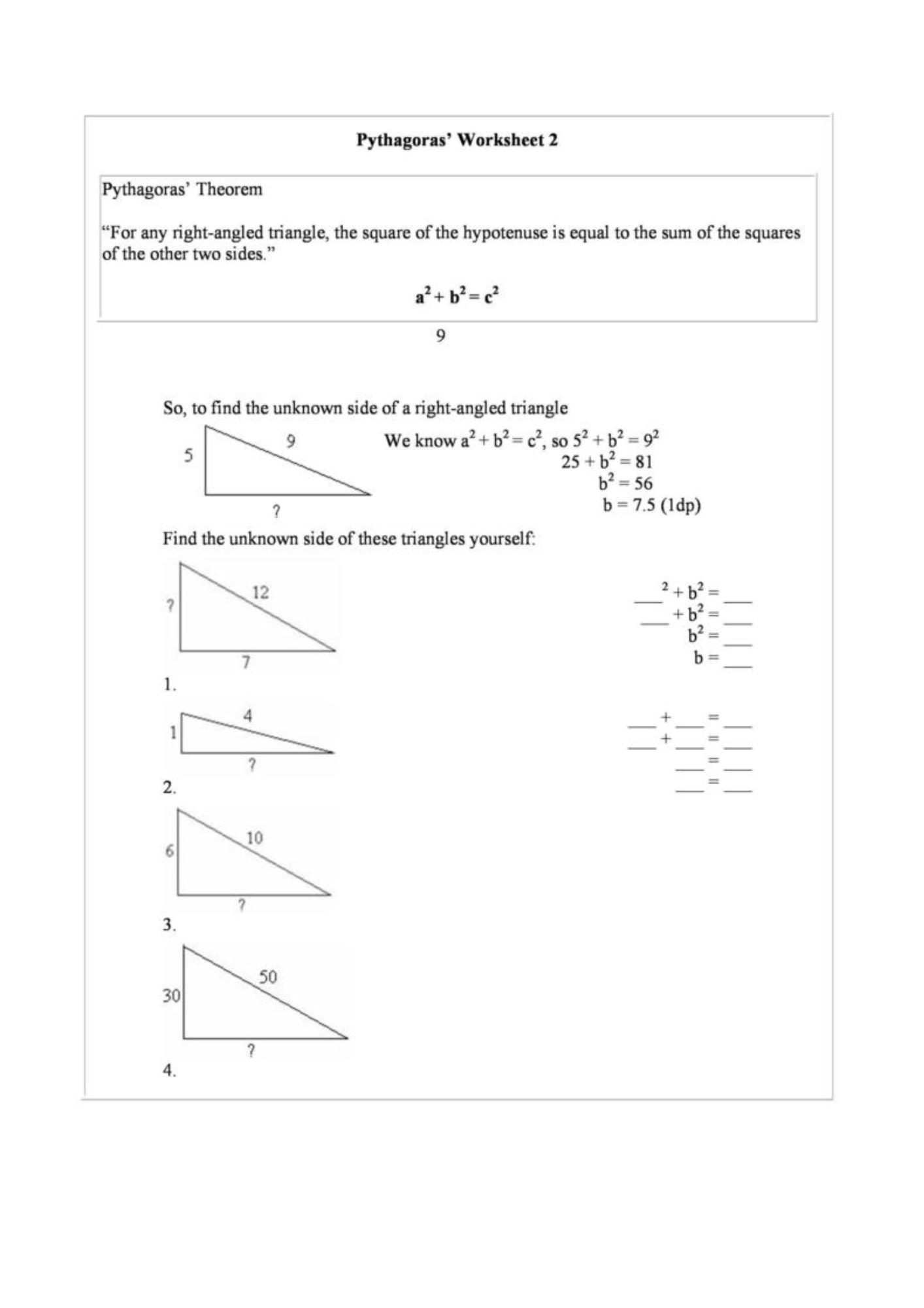 Pythagorean Theorem Problems Worksheet 1