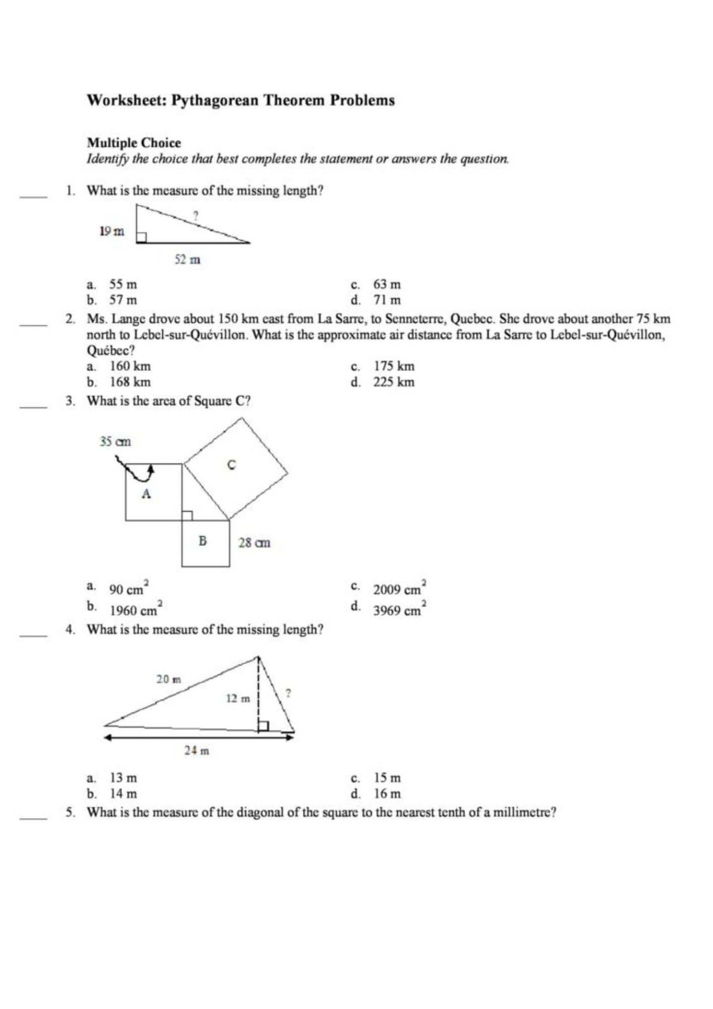 Pythagorean Theorem Problems Worksheet