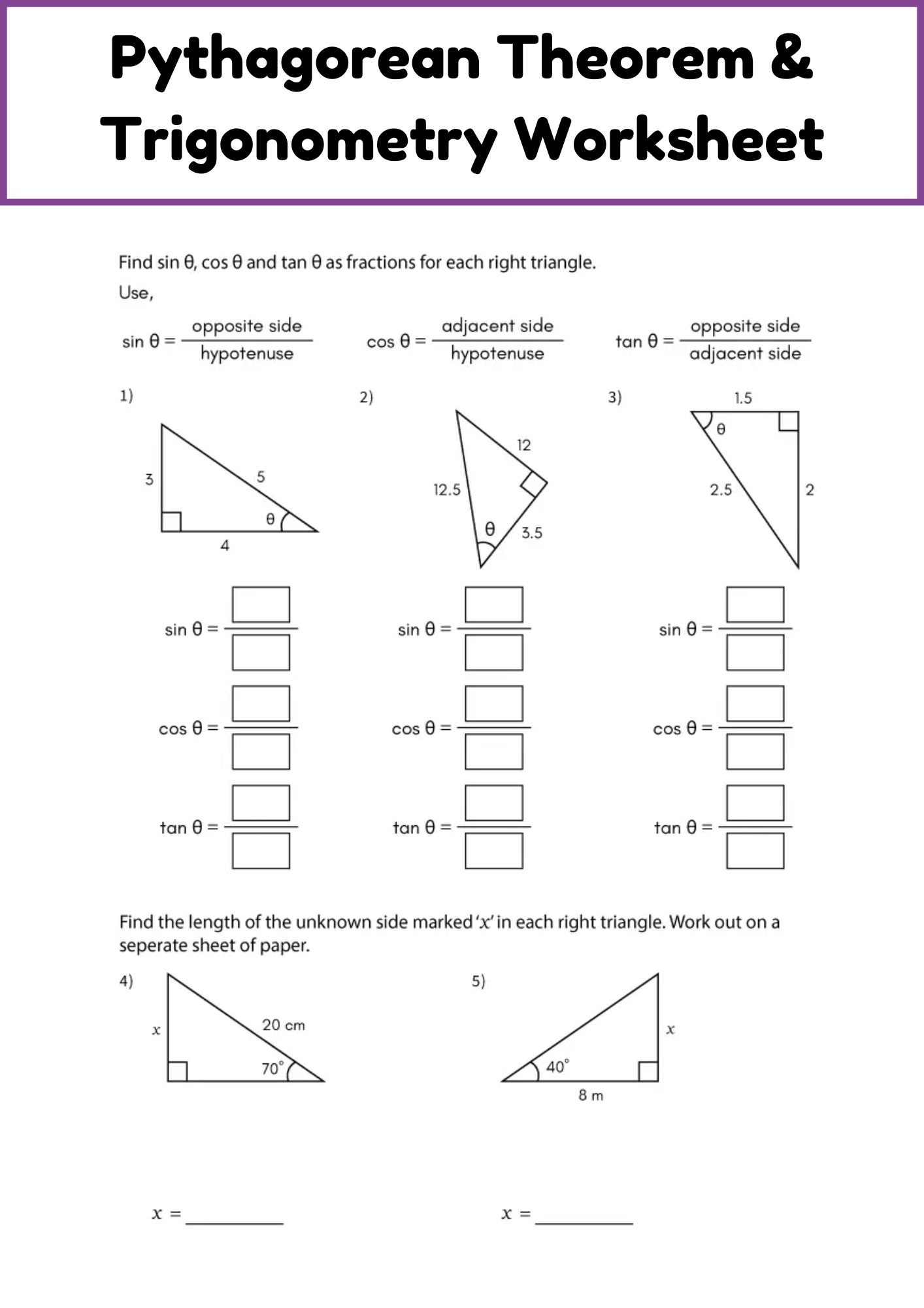 Pythagorean Theorem Trigonometry Worksheet