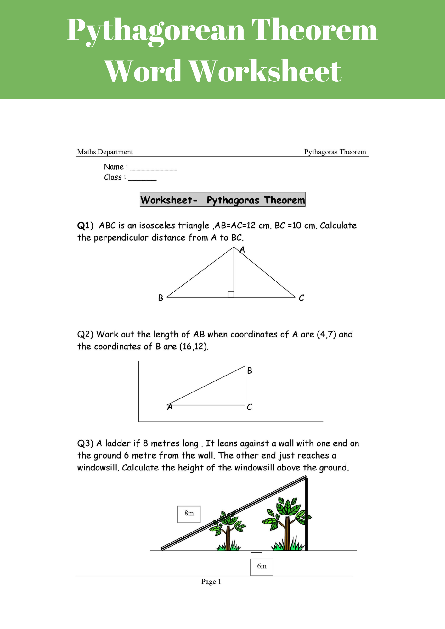 Pythagorean Theorem Word Worksheet