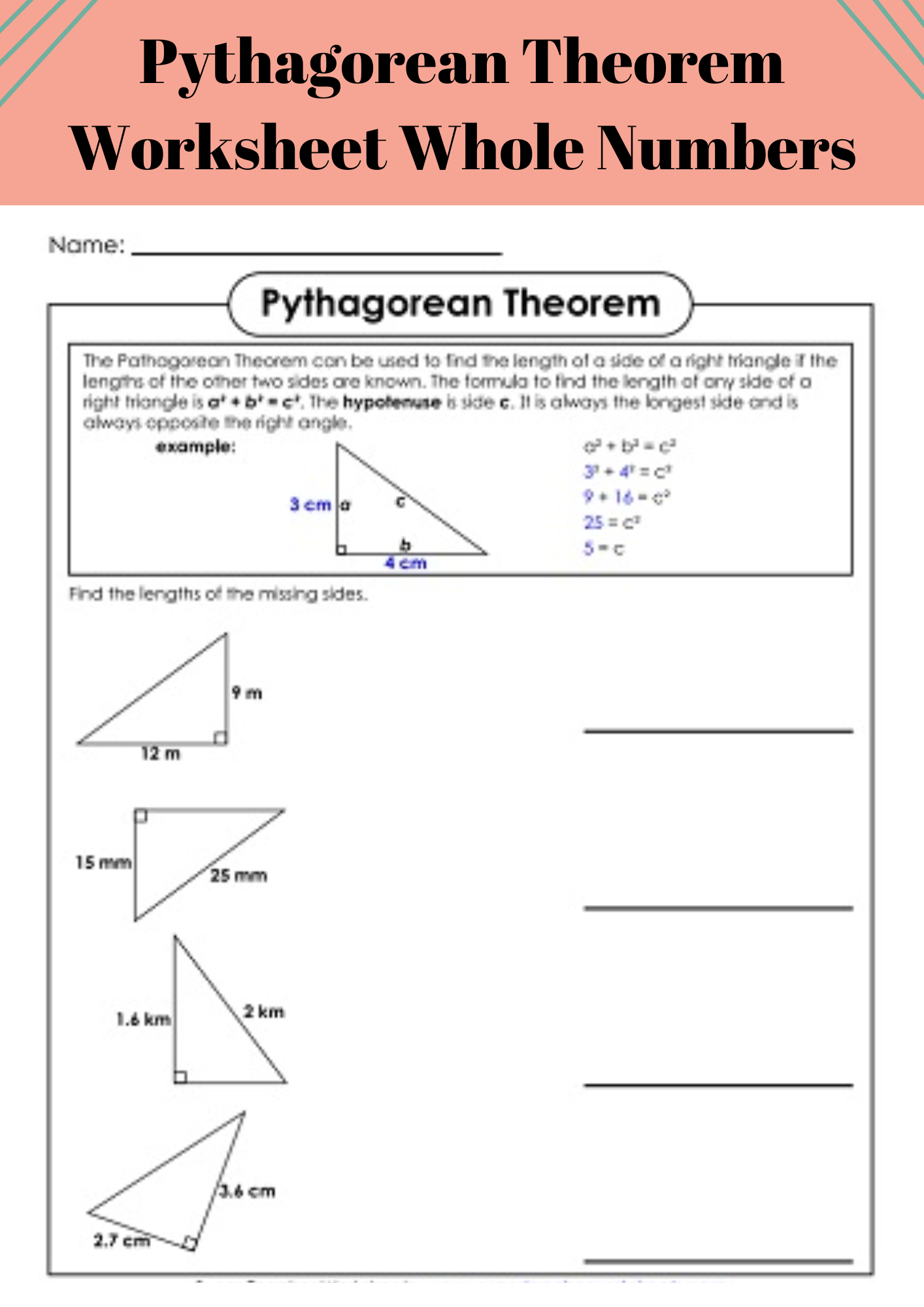 Pythagorean Theorem Worksheet Whole Numbers