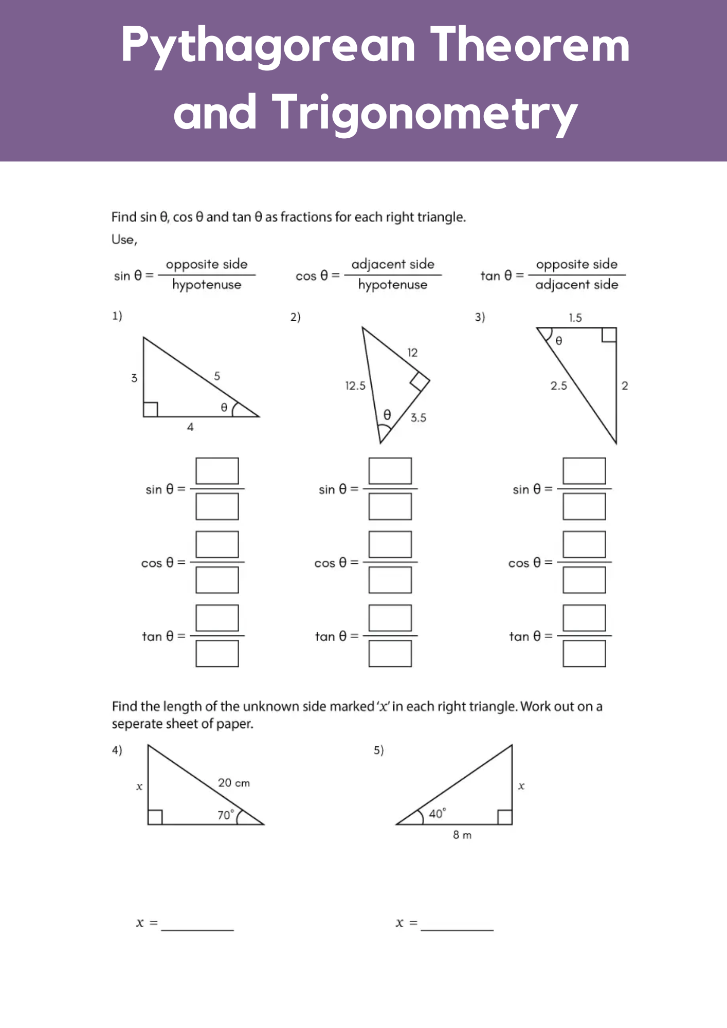 Pythagorean Theorem and Trigonometry Worksheet