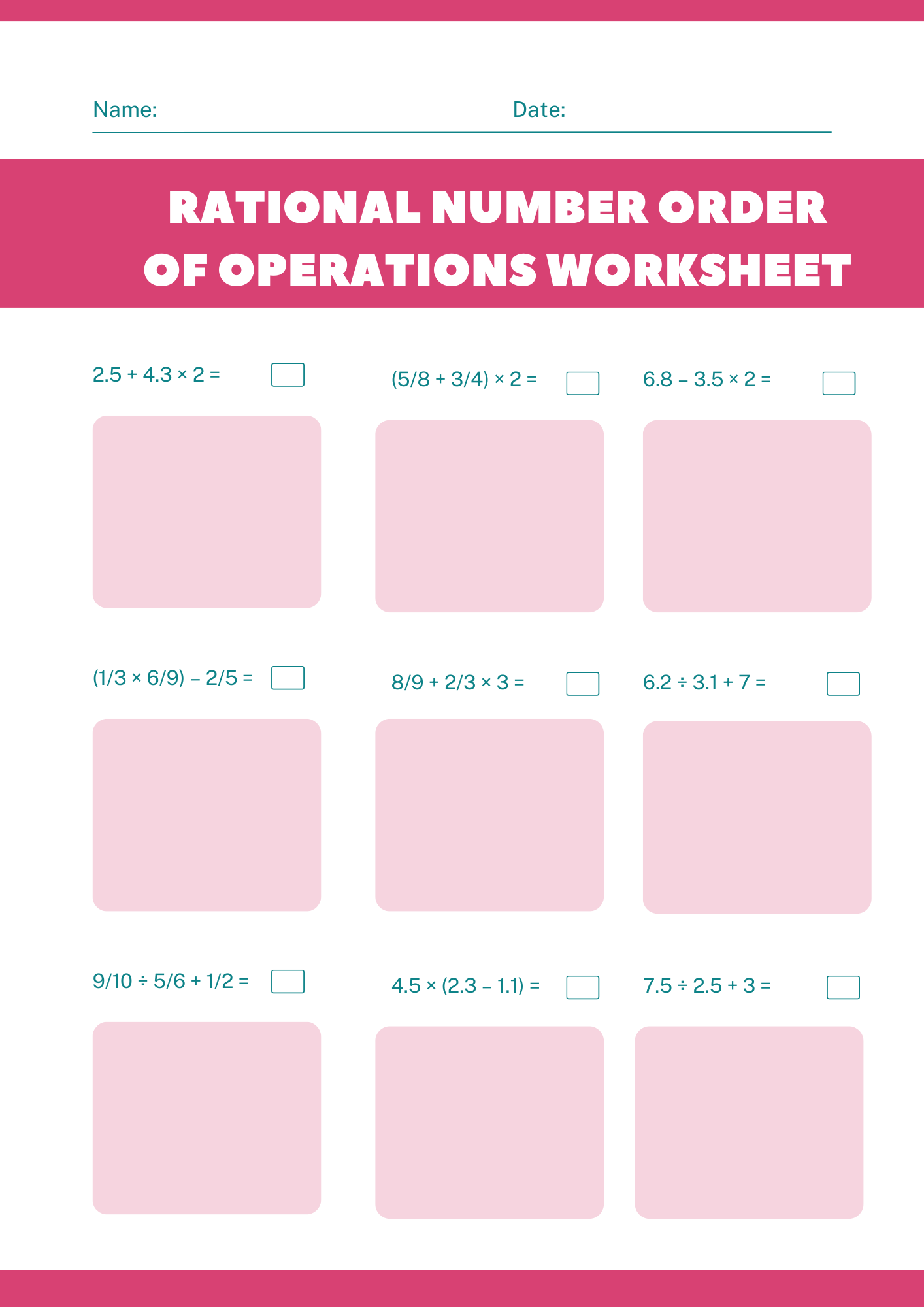 Rational Number Order of Operations Worksheet