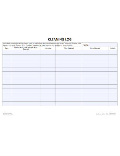 Sample Cleaning Log
