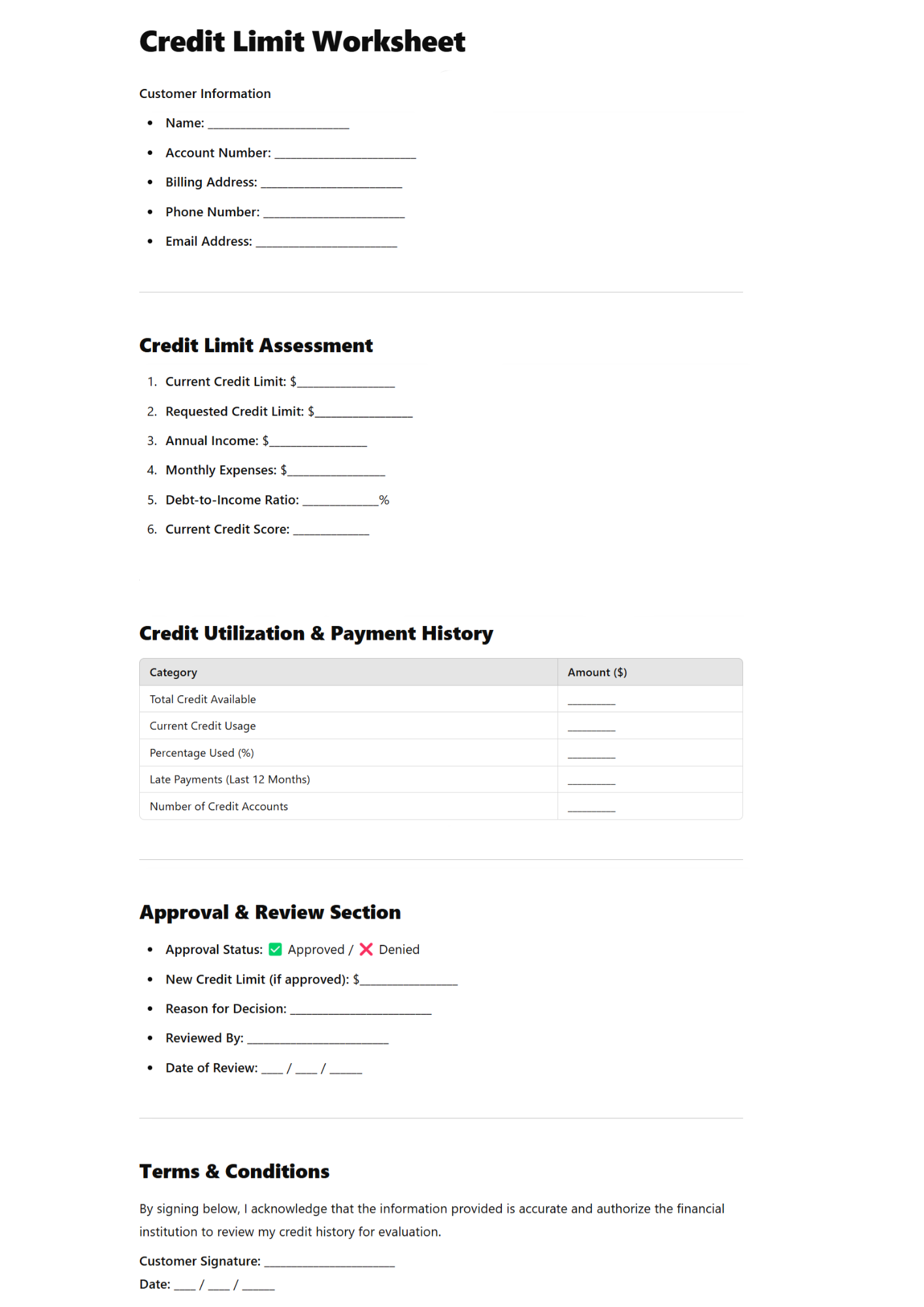 Sample Credit Limit Worksheet