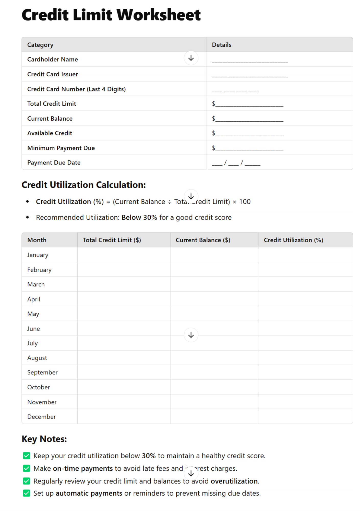 Simple Credit Limit Worksheet