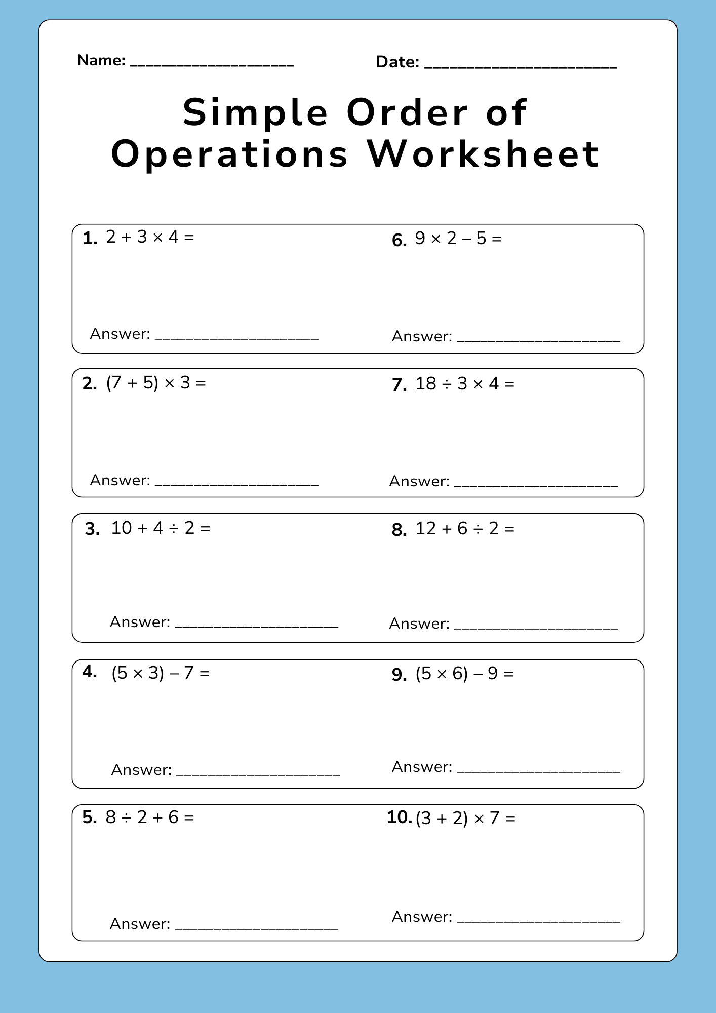 Simple Order of Operations Worksheet