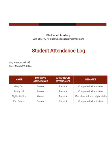 Student Attendance Log Template