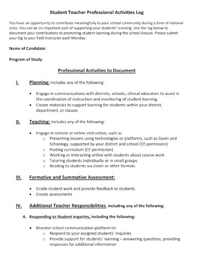 Student Teacher Professional Activities Log