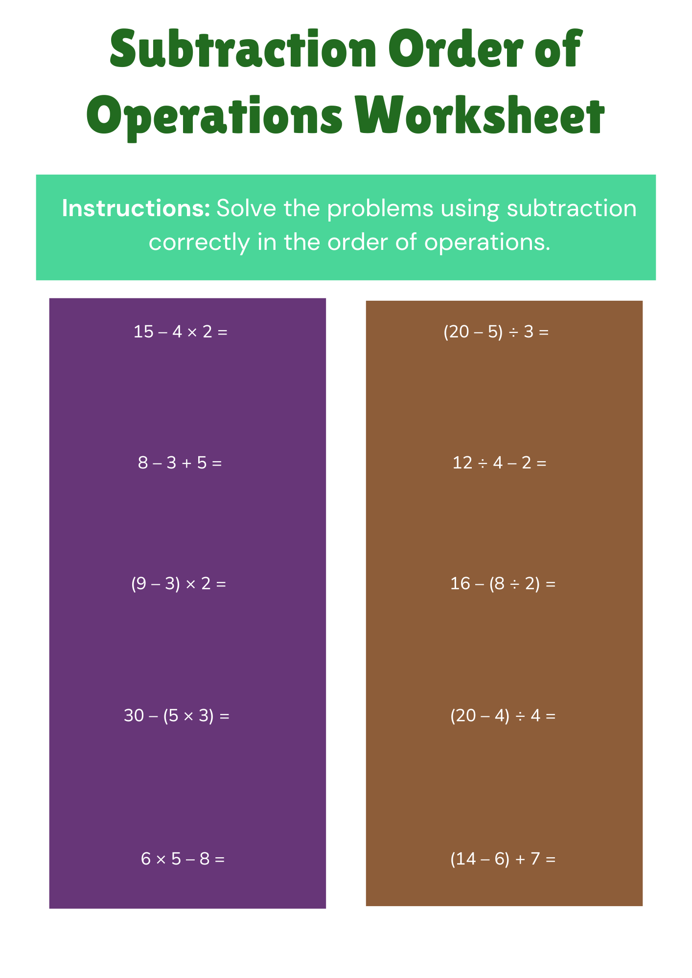 Subtraction Order of Operations Worksheet