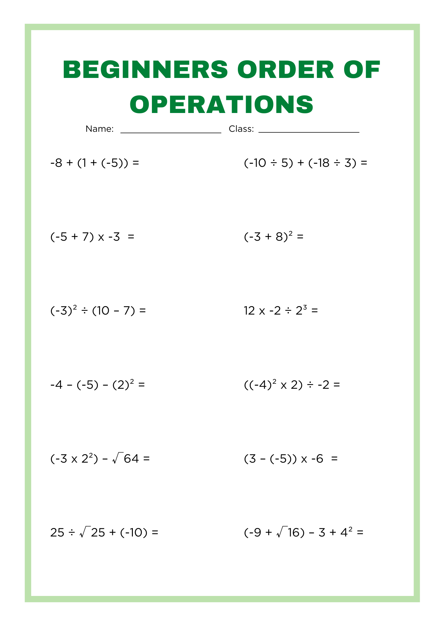 order of operations worksheet for beginners