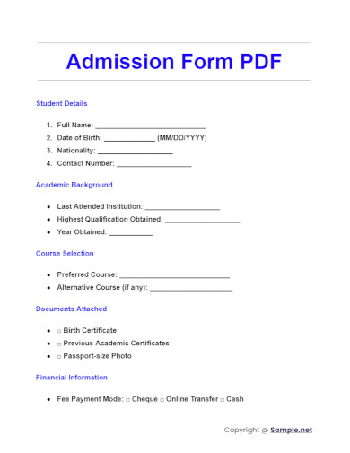 Admission Form PDF