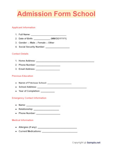 Admission Form School