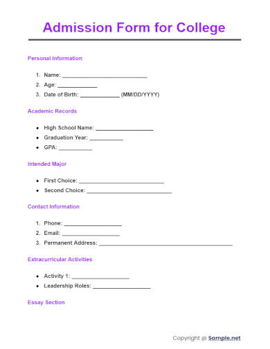 Admission Form for College