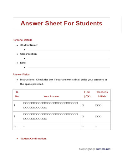 Answer Sheet For Students