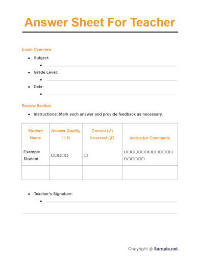 Answer Sheet For Teacher