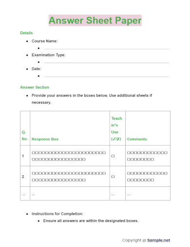 Answer Sheet Paper