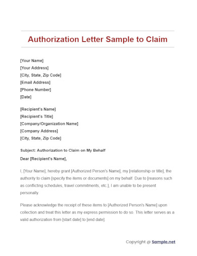 Authorization Letter Sample to Claim