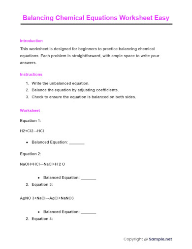 Balancing Chemical Equations Worksheet Easy