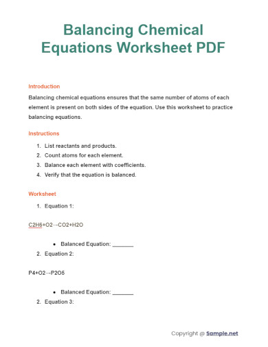 Balancing Chemical Equations Worksheet PDF